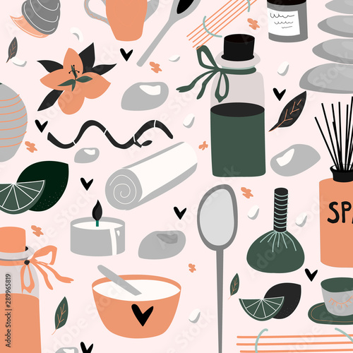 Pattern of doodle  isolated  elements for spa, aromatherapy, stone therapy, body care, beauty salon, wellness center, relax, health, thai massage, meditation . Vector illustration.