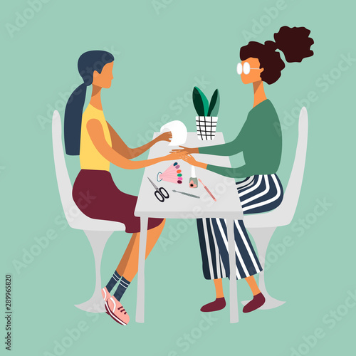 Manicurist or girl  with glasses performing manicure and her client surrounded by tools and cosmetics for nail care. Beauty salon. Colorful vector illustration in flat cartoon style.