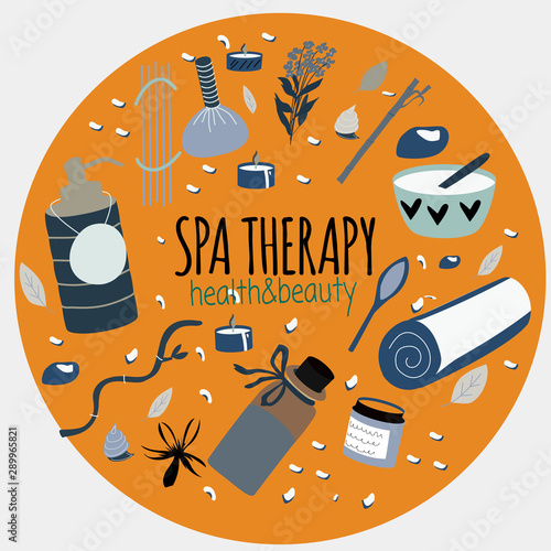 Doodle set of spa elements and typography for aromatherapy, body care, wellness center, relax, health, thai massage, meditation. Isolated items Hand drawn collection for postcards, greetings, posters