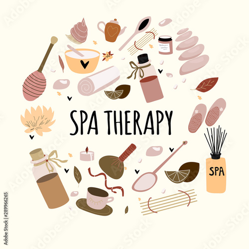 Doodle set of  hand drawn spa elements  with typography for aroma therapy , body care, beauty salon, wellness center, relax, health, massage, meditation. Collection of beauty. Vector illustration.