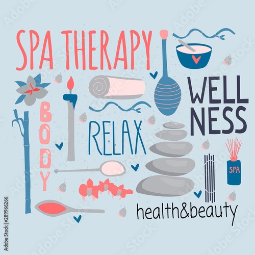 Set of spa elements  and typography for spa therapy, stone  and honey , body care, beauty salon, wellness center, relax, health, thai massage, meditation. Vector illustration.