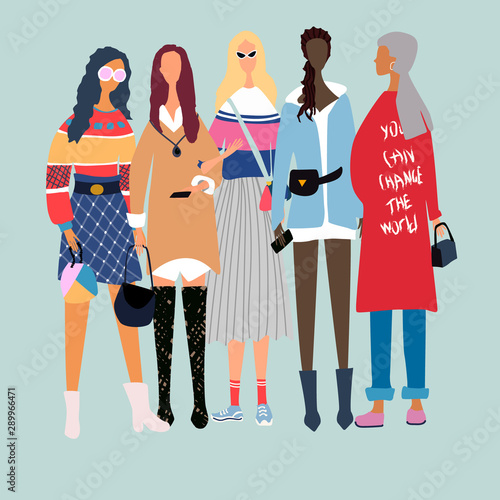 Five young women or girls dressed in trendy, fashionable clothes standing together. Group of female friends, union of feminists, sisterhood. Girl power concept. Female cartoon characters.