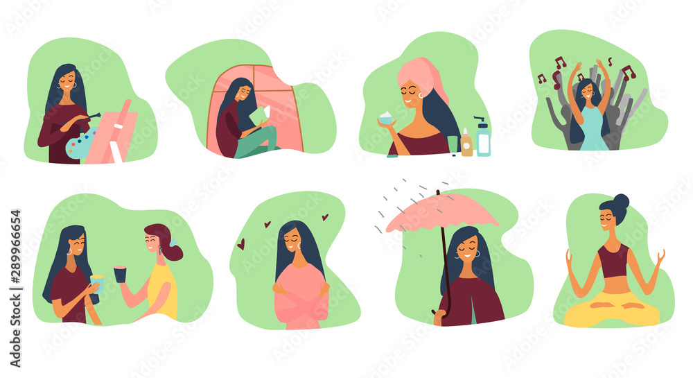 Love yourself and happy lifestyle concept . Big Set of Girls or women who take time for your self: read books, go to events, create, be positive, do yoga, healthcare, skincare. Vector illustration. Love yourself and happy lifestyle concept . Big Set of Girls or women who take time for your self: read books, go to events, create, be positive, do yoga, healthcare, skincare. Vector illustration.