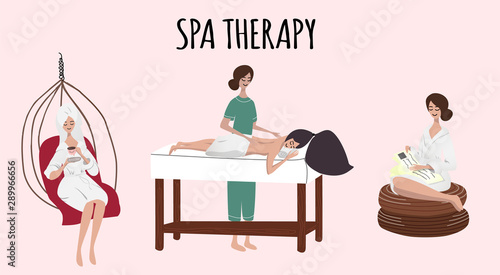 Set of women or girls on spa procedures. Flat girls relaxing after spa, girl is lying at the table on Thai massage. Beauty salon, wellness center poster, banner. Hand drawn Vector illustration.
