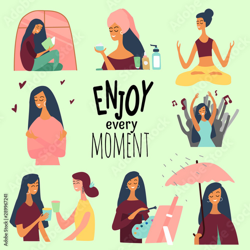 Love yourself set. Vector lifestyle concept card with text enjoy every moment.  Motivation to take time for yourself: read books, go to events, be positive, do yoga, healthcare. Vector illustration. 