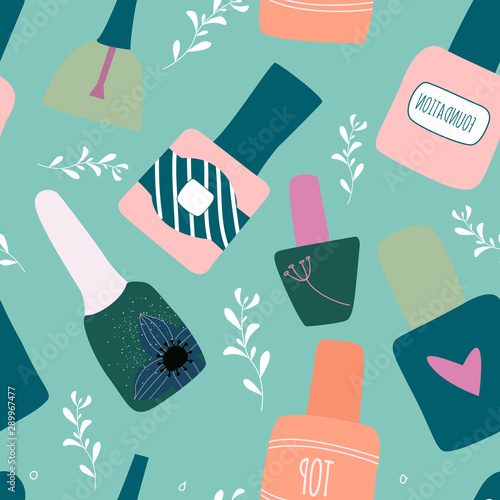 Seamless pattern of multicolored nail polish in a cartoon style. bottles filled with transparent varnish. Manicure salon or nail studio illustration, poster, banner.  Vector illustration.