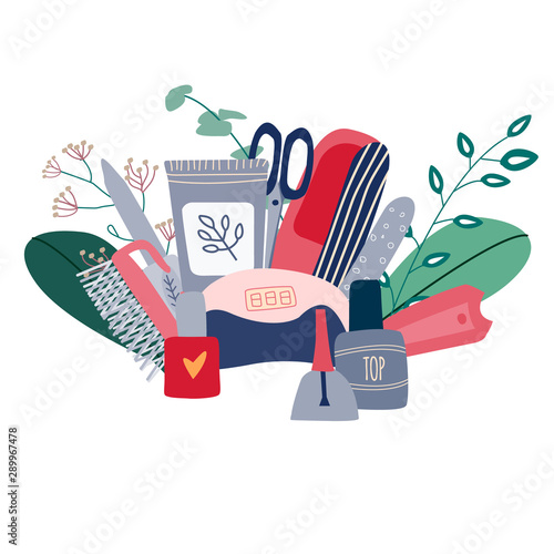 Manicure  pedicure equipment vector composition with nail scissors, polish, lamp. Concept for nail studio, salon. Beauty banner for spa. Doodle vector illustration