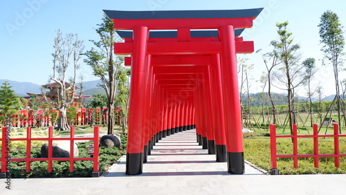 walkway with Red wooden pole  Japanese style