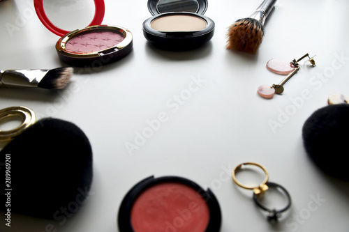 arranged cosmetic on white background
