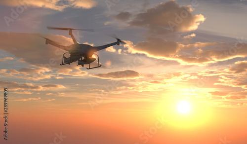 3D illustration of a weaponized UAV drone in flight. Fictitious UAV and weapons, motion blur and depth-of-field for dramatic effect.