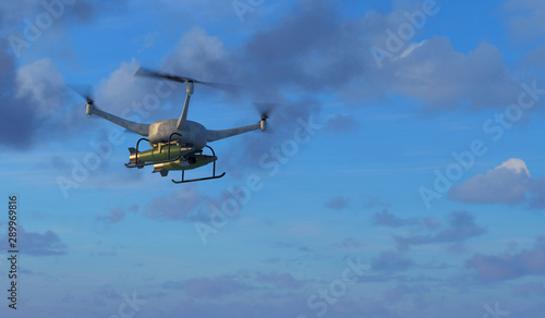 Fototapeta Naklejka Na Ścianę i Meble -  3D illustration of a weaponized UAV drone in flight. Fictitious UAV and weapons, motion blur and depth-of-field for dramatic effect.