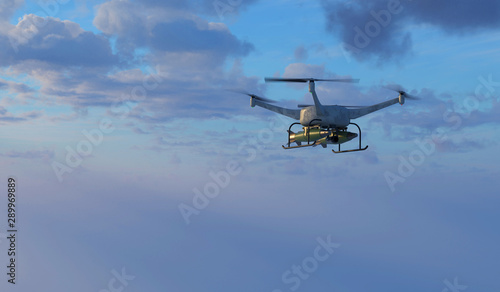 3D illustration of a weaponized UAV drone in flight. Fictitious UAV and weapons, motion blur and depth-of-field for dramatic effect.
