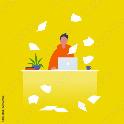 Bureaucracy at work. Young male character surrounded by scattered paper sheets. Documentation. Financial documents. Flat editable vector illustration, clip art