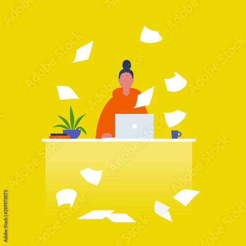 Bureaucracy at work. Young female character surrounded by scattered paper sheets. Documentation. Financial documents. Flat editable vector illustration, clip art