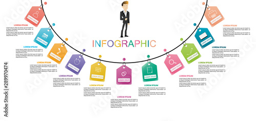 business infographic timeline design template and steps for shopping with icons and 11 steps. Can be used for workflow layouts, diagrams, annual reports, web design.