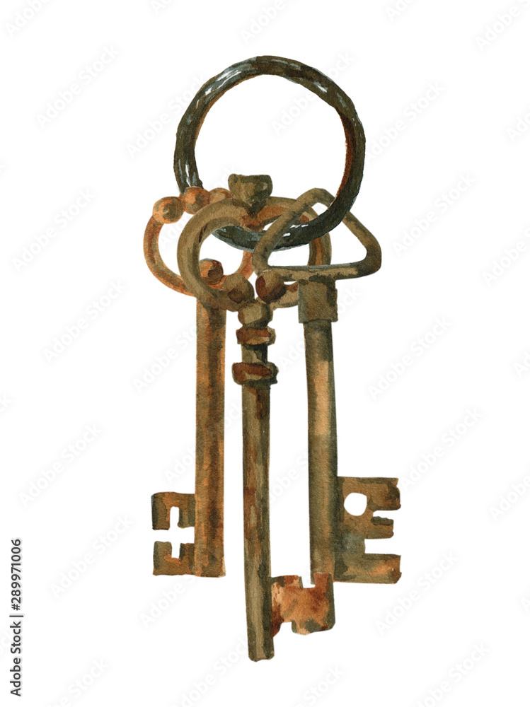 Old keys. Watercolor illustration, set of elements. Old keys. Watercolor illustration, set of elements.