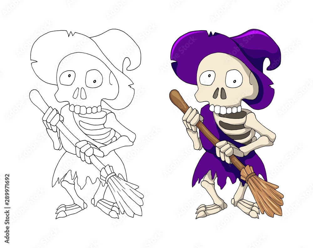 Undead Human Skeleton Hag in Violet Robe and Witch Hat, cartoon Character  Stock Vector | Adobe Stock