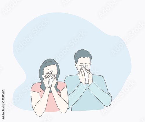 symptoms of a cold patient. hand drawn style vector design illustrations. runny nose character. Health And Pain. the guy and the girl are sick. people blow their nose