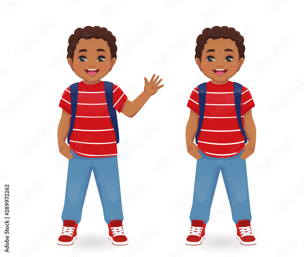 Smiling school boy with backpack waving hand isolated vector ...