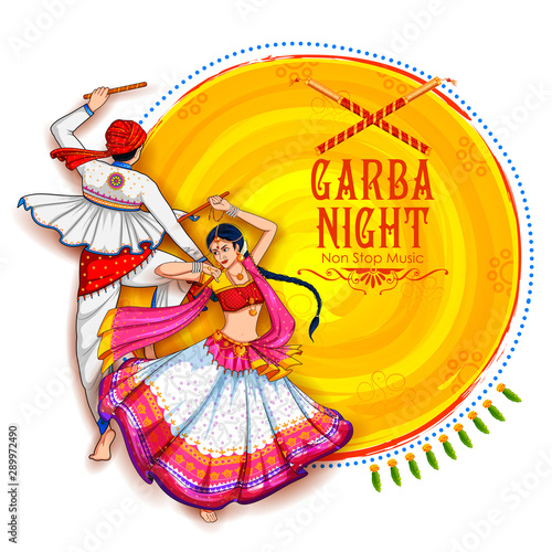 illustration of couple playing Dandiya in disco Garba Night banner poster for Navratri Dussehra festival of India