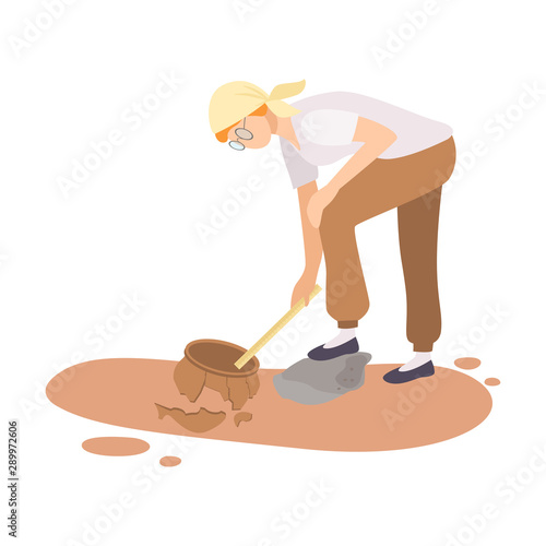 Female Archaeologist Researching and Measuring Ancient Amphora, Scientist Character Working on Excavations with Historical Artifacts Flat Vector Illustration