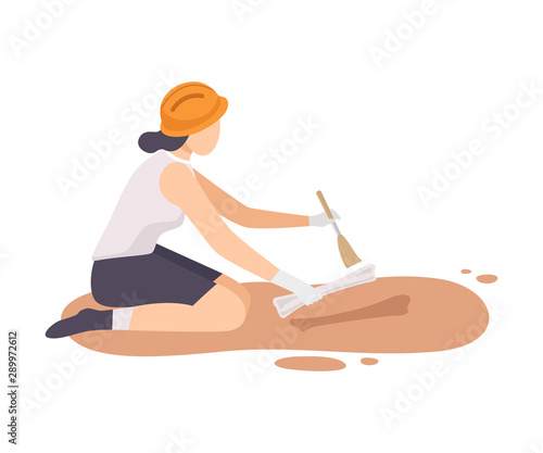 Female Archaeologist Sitting on Ground and Sweeping Dirt from Bone of Skeleton Using Brush, Paleontology Scientist Character Working on Excavations with Historical Artifacts Flat Vector Illustration