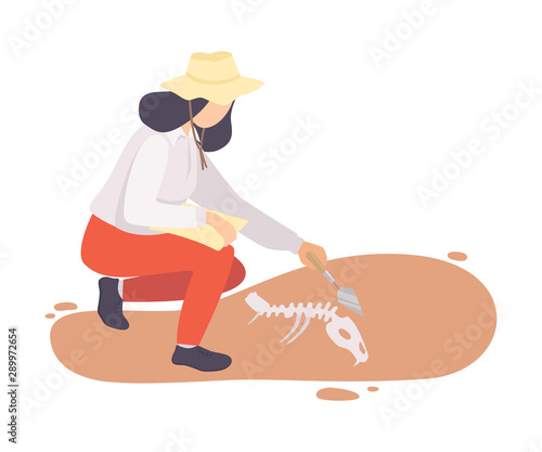 Female Archaeologist Sweeping Dirt from Bones of Prehistoric Animal Skeleton Using Brush, Paleontology Scientist Character Working on Excavations with Historical Artifacts Flat Vector Illustration