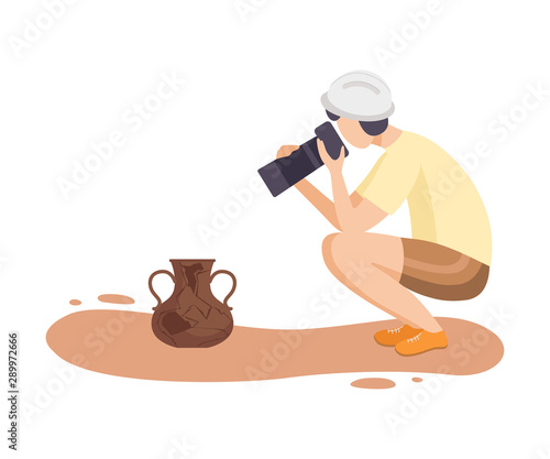 Female Archaeologist Researching and Photographing Ancient Amphora, Scientist Character Working on Excavations with Historical Artifacts Flat Vector Illustration