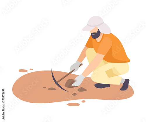 Male Archaeologist Scientist Character Working on Excavations with Pickaxe Flat Vector Illustration