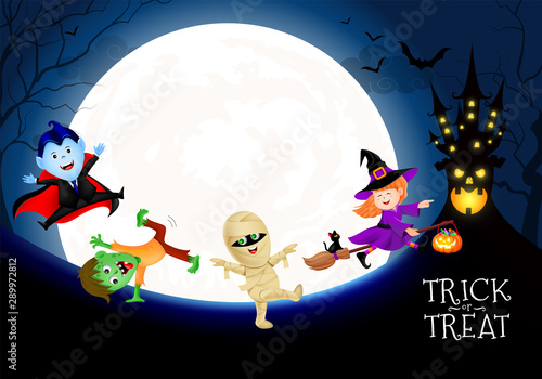 Halloween cartoon character set in moon night. witch, count dracula, zombie and mummy.  Happy halloween concept. Illustration for banner, poster, greeting card, digital design.
