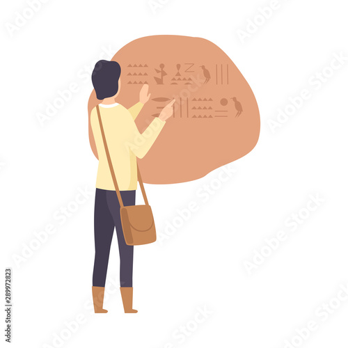 Archaeologist Researching Prehistoric Cave Drawings, Scientist Character Working on Excavations with Historical Artifacts Flat Vector Illustration