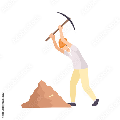 Male Archaeologist Scientist Character in Protective Hat Working on Excavations with Pickaxe Flat Vector Illustration