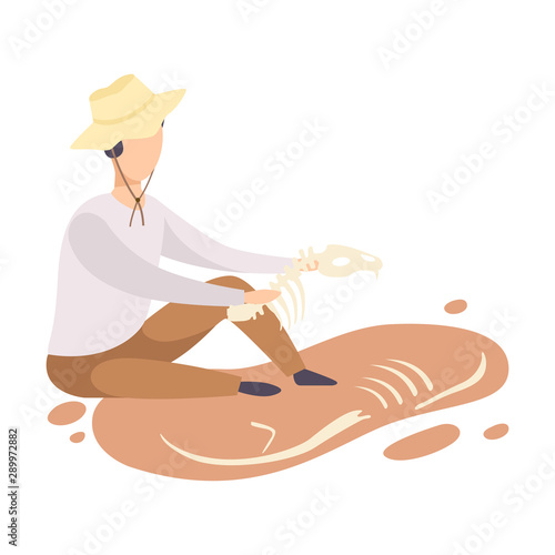 Male Archaeologist Researching Skeleton of Prehistoric Animal, Scientist Character Working on Excavations with Historical Artifacts Flat Vector Illustration