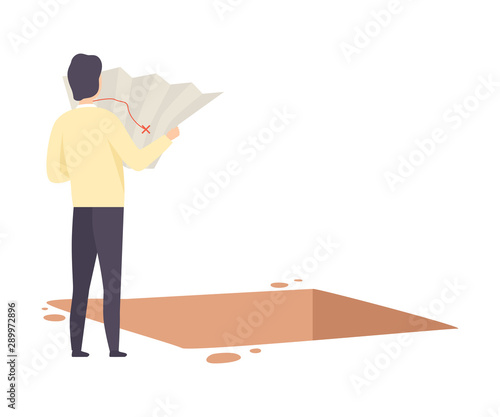 Male Archaeologist Examininig Map of Archaeological Excavations, Scientist Character Working on Excavations with Historical Artifacts Flat Vector Illustration