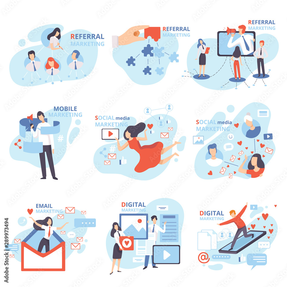 Fototapeta premium Social, Mobile, Email, Referral, Digital Marketing Set, Management Strategy, People Working on Content Engagement, Online Promotion, Internet Advertising, Business Software Flat Vector Illustration