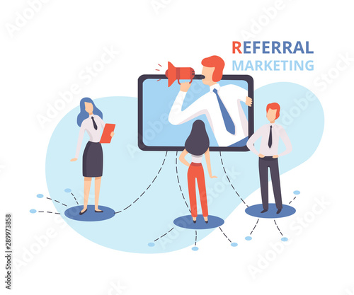 Referral Marketing, Businessman Shouting in Megaphone, Referral Program Strategy, Refer a Friend, Business Partnership, Blogging Promotion Services Flat Vector Illustration