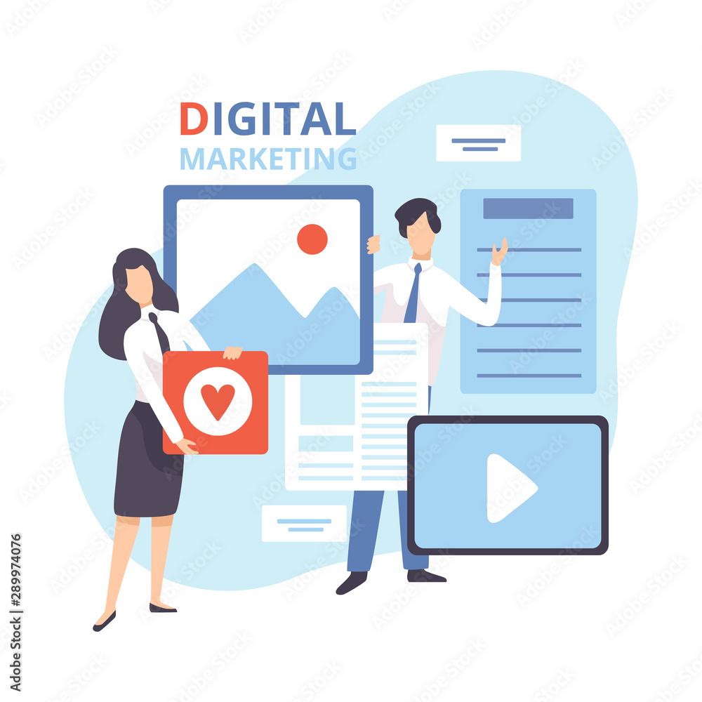 Digital Marketing, Creative Team Working on Content and Management Strategy, Business Analysis Flat Vector Illustration