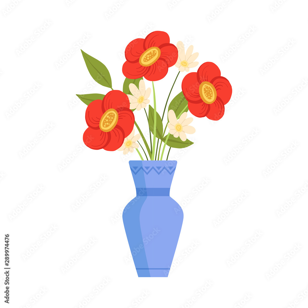 Obraz premium Beautiful Flowers in Ceramic Vase, Bouquet of Blooming Flowers for Interior Decoration Vector Illustration