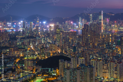 Panorama of aerial view of Hong Kong city at dusk