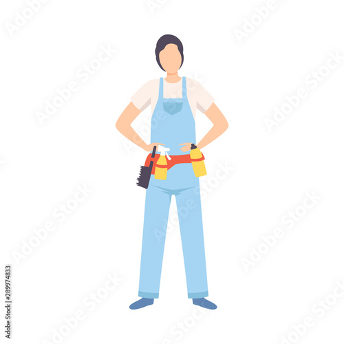 Male Professional Cleaner, Cleaning Company Staff Character Dressed in Uniform with Equipment Flat Vector Illustration © topvectors