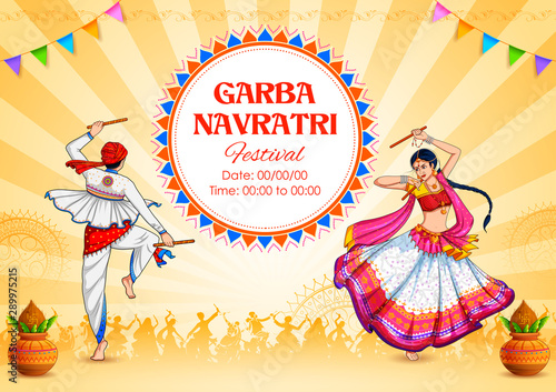 illustration of couple playing Dandiya in disco Garba Night banner poster for Navratri Dussehra festival of India