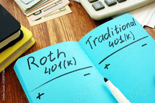 Roth 401k vs traditional. Comparison of retirement plans. photo