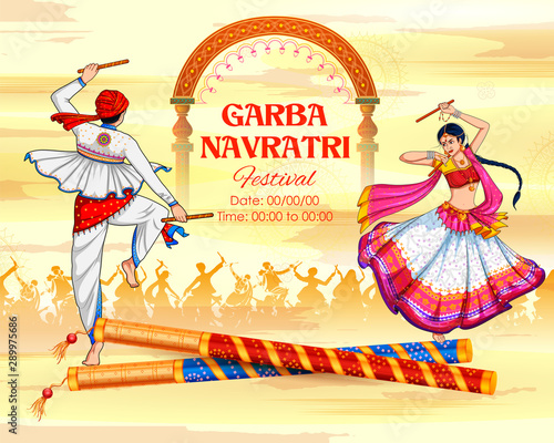 illustration of couple playing Dandiya in disco Garba Night banner poster for Navratri Dussehra festival of India