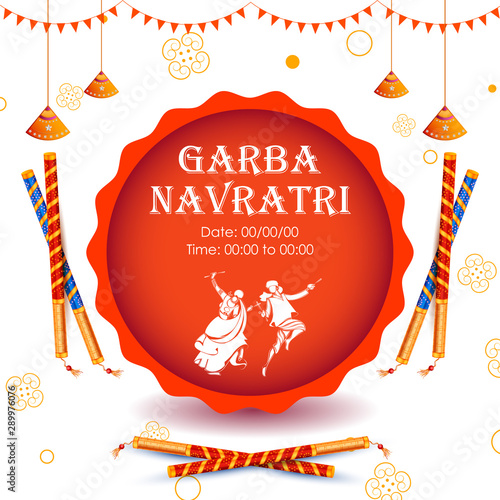 illustration of couple playing Dandiya in disco Garba Night banner poster for Navratri Dussehra festival of India