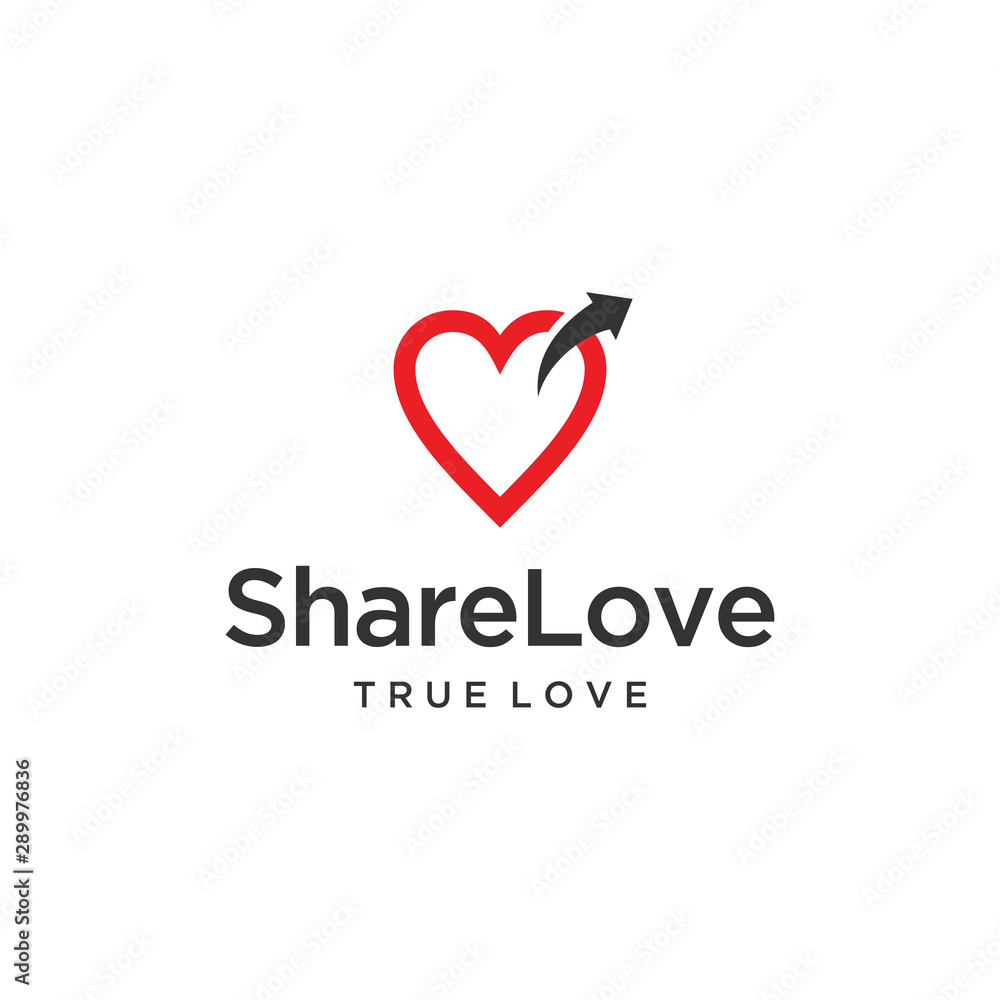 Illustration of abstract heart sign with share arrow pointing out from inside logo design