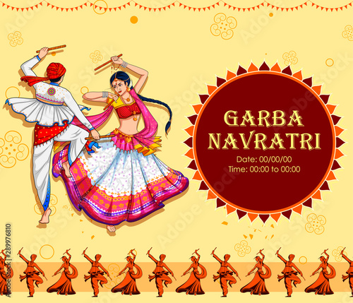 illustration of couple playing Dandiya in disco Garba Night banner poster for Navratri Dussehra festival of India