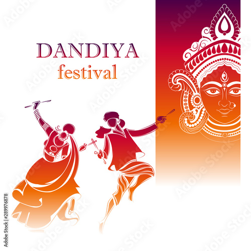illustration of couple playing Dandiya in disco Garba Night banner poster for Navratri Dussehra festival of India