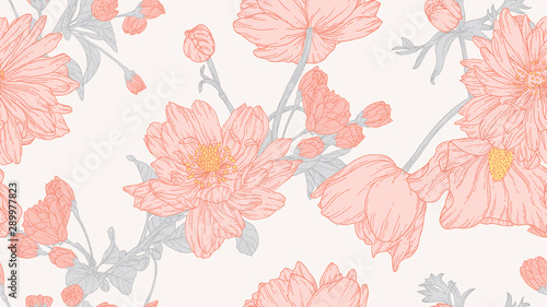 Floral seamless pattern, anemone and sakura flowers with leaves in light red line art ink drawing on light grey