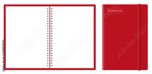 Vector realistic mock-up notepad. spiral for notebooks. closed and open notebook with blank sheets. silver spirals notebook, top view.
