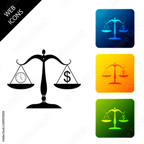 Scale weighing money and time icon on white background. Scales with hours and a coin. Balance between work and the given time. Business concept. Set icons colorful square buttons. Vector Illustration